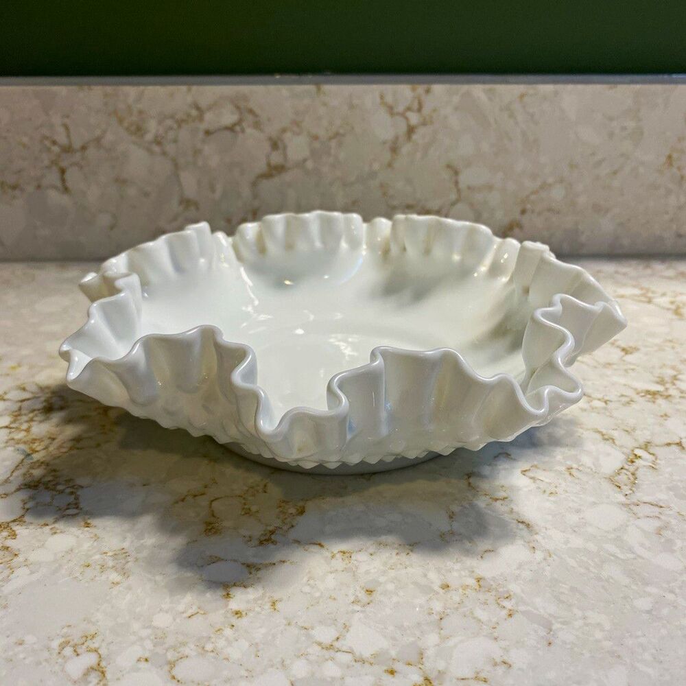 White Milk Glass Hobnail Bowl Ruffled Edge Round Glossy 7\" Wide 2\" Tall VTG